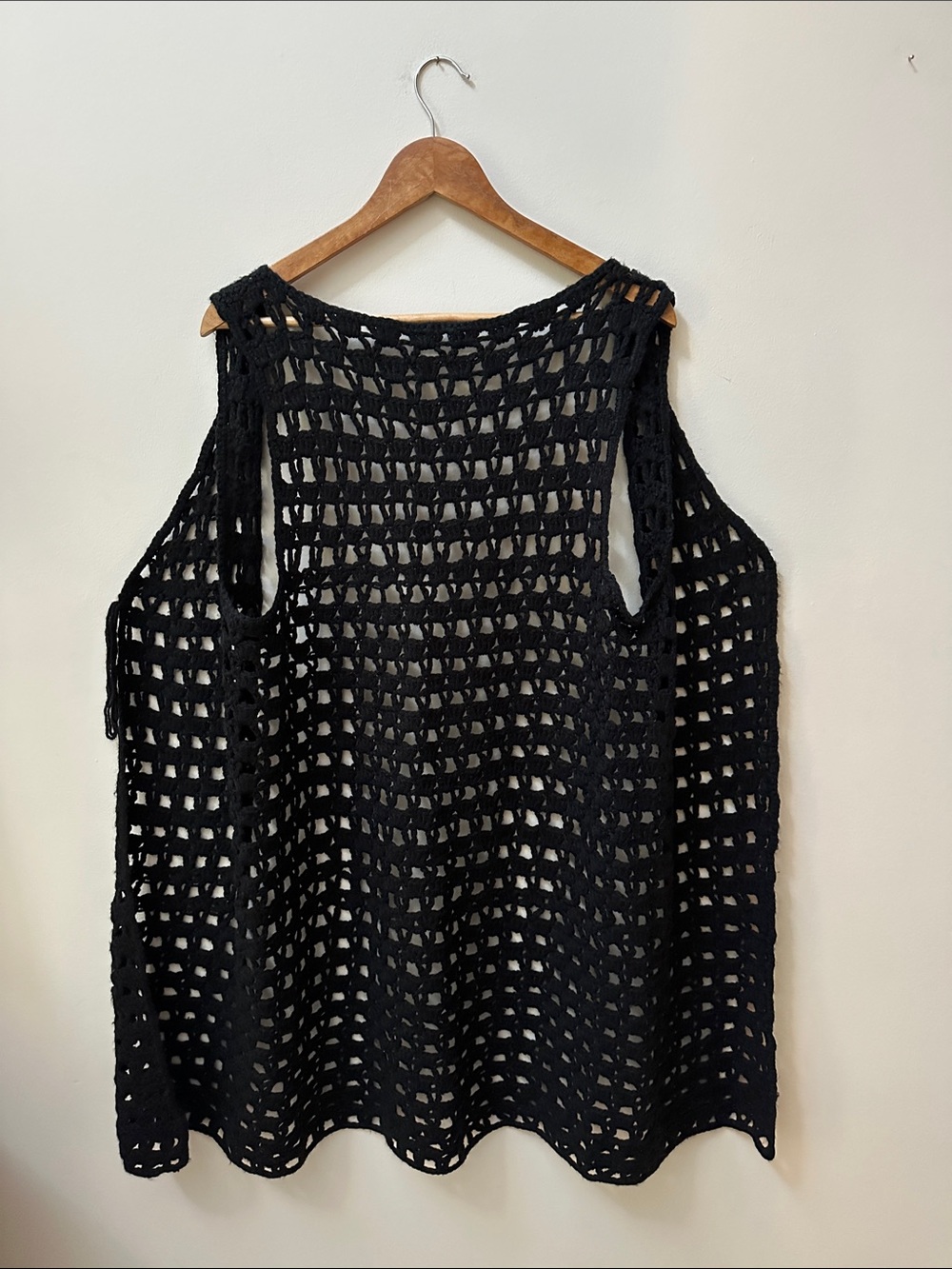 Hand Crafted Black Crochet Open Weave Long Vest - Picture 3 of 3